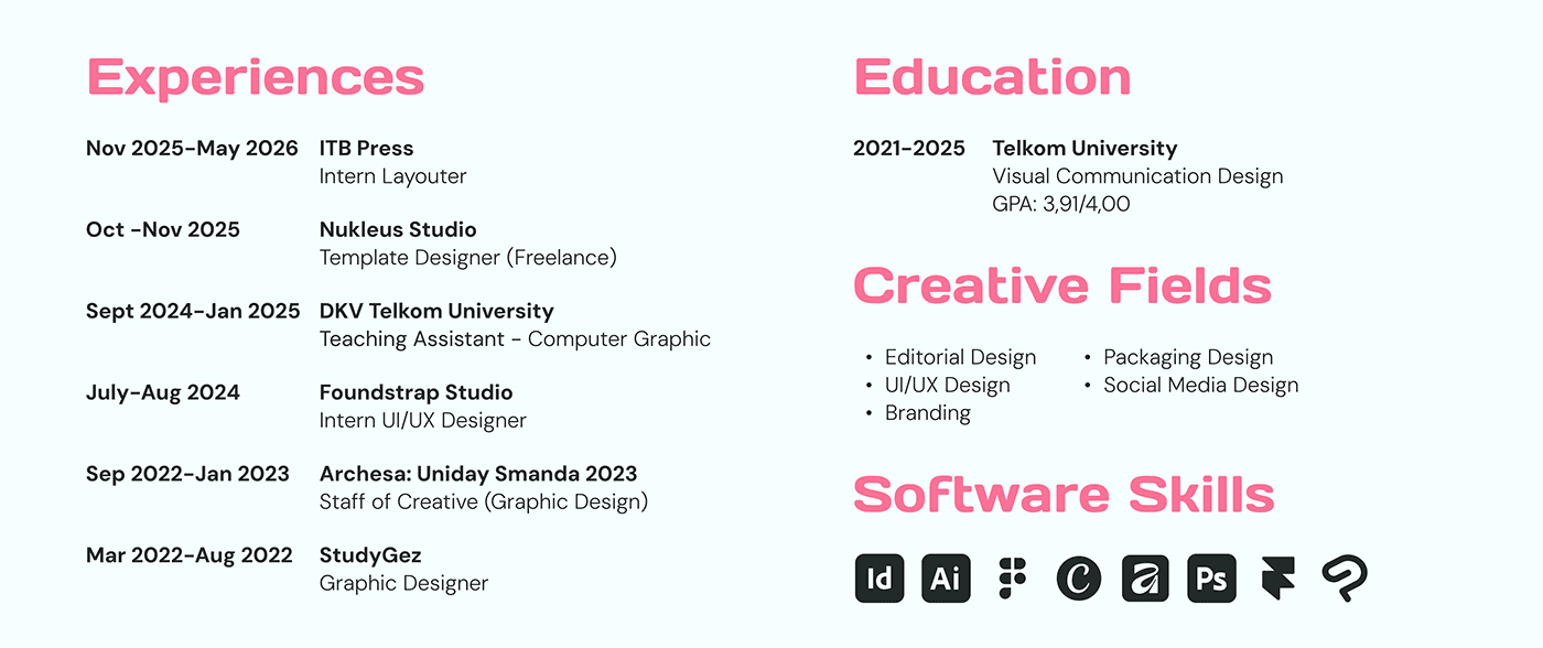 Experience, education, creative fields, and software skills